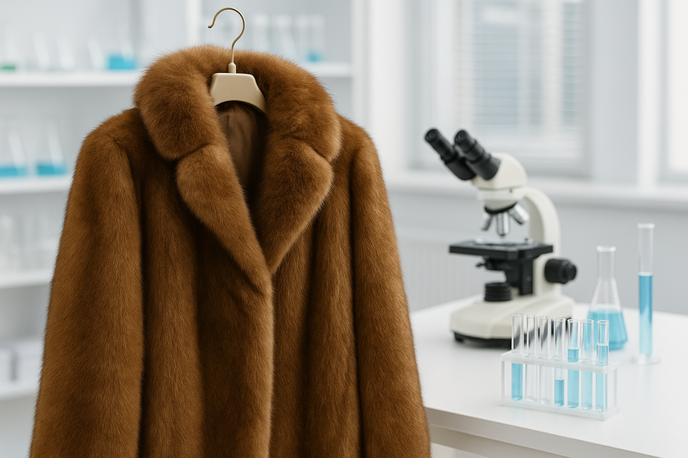Меховая шуба на фоне лаборатории и микроскопа
Шуба на проверке в лабораторных условиях
