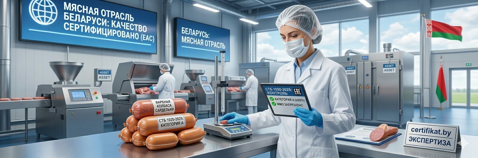 Контроль качества вареных колбас по СТБ 1020-2025 на производстве.